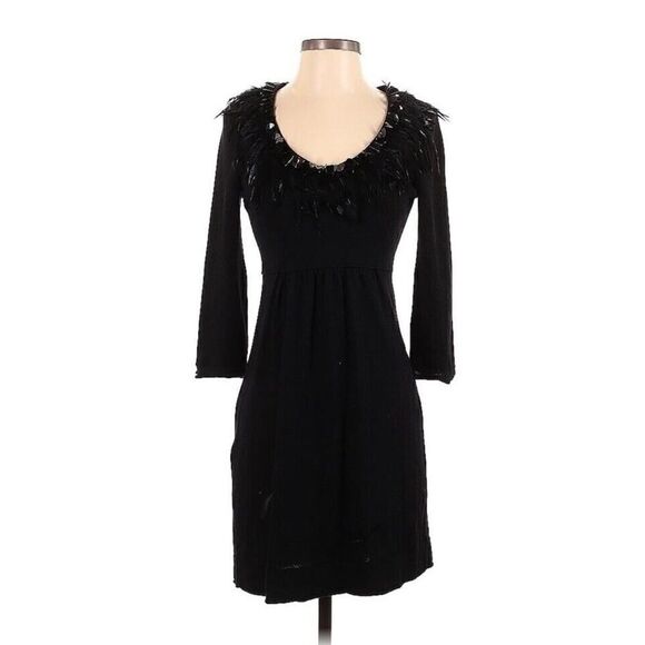 Nanette Lepore Black Feather Sequin Sweater Dress 100% Wool Medium size - Picture 1 of 12
